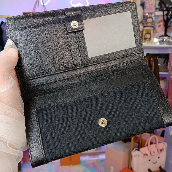 Gucci Vintage Black Monogram Canvas Leather Double Flap Snap Wallet W Box - Picture 13 of 15